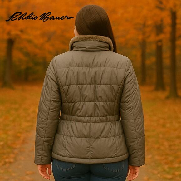 Eddie Bauer Women’s Warm Quilted Coat Jacket Faux Fur Detail M Medium Gray - Picture 2 of 6